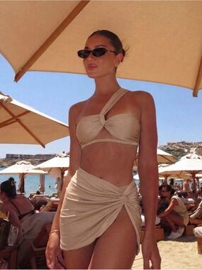 Women’s One-Shoulder Beige Bikini Set with Sarong
